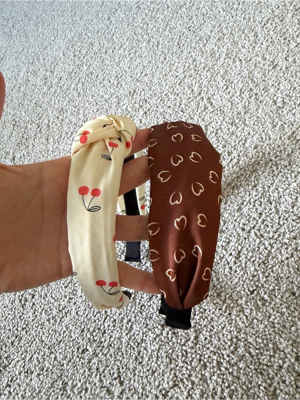 2 Headbands - Cream Cherry & Brown Heart Prints